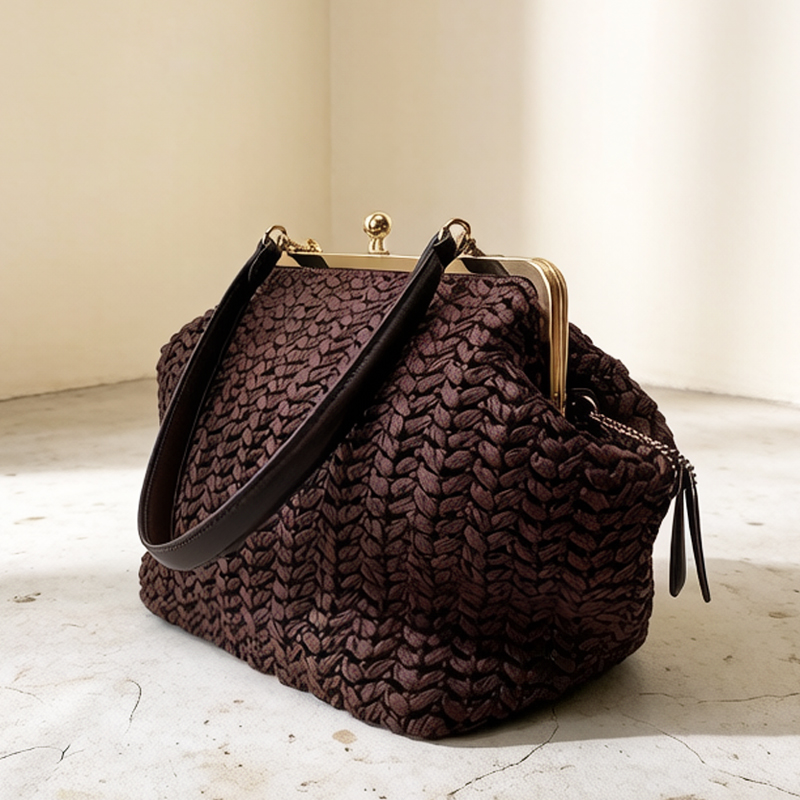Women'S Raffia Bags - 손으로 짠 키스락 프레임 숄더 라피아