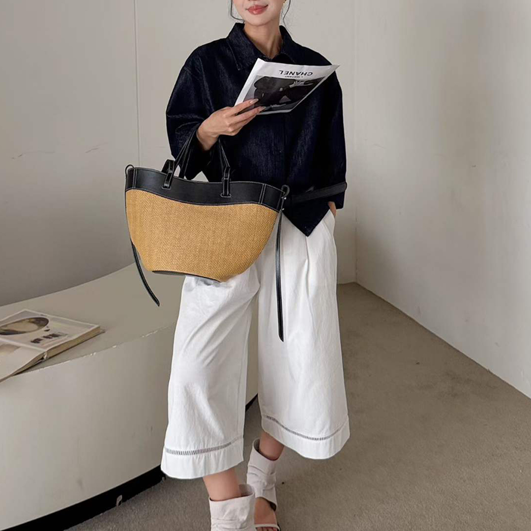 Women'S Raffia Bags - Mendy 정품 가죽 천연 라피아 토트