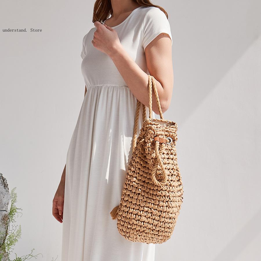 수제 드로스트링 비치 숄더백 라피아 라탄 직조 여행 핸 - Women'S Raffia Bags 리뷰 및 가격