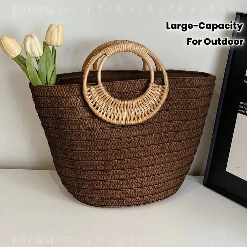 여성 여름 짠 종이 토트 백 대용량 솔리드 컬러 라운드 - Women'S Bags Handbags 리뷰 및 가격