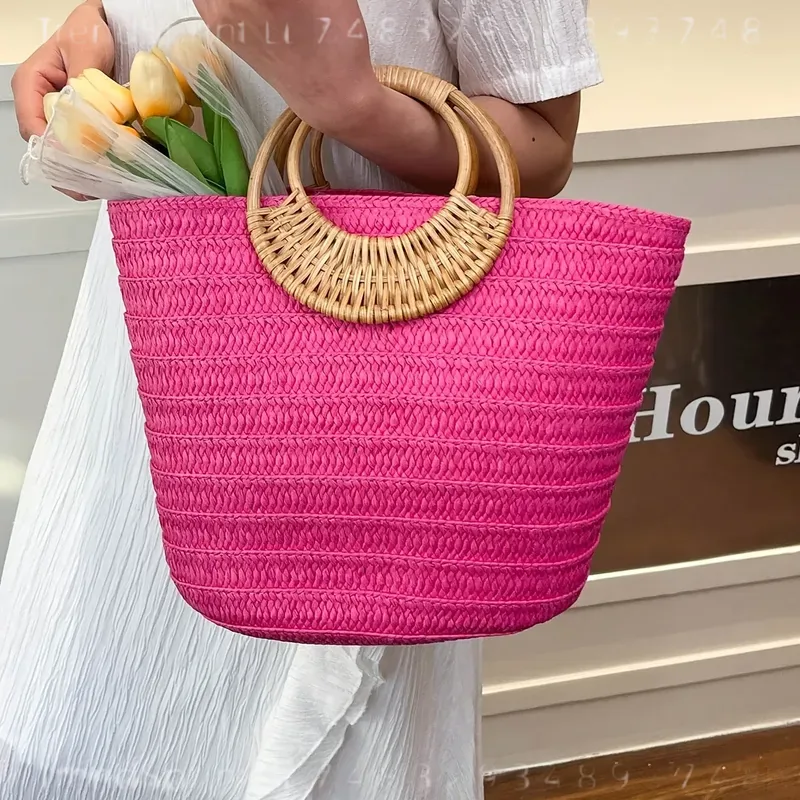 여성 여름 짠 종이 토트 백 대용량 솔리드 컬러 라운드 - Women'S Bags Handbags 리뷰 및 가격