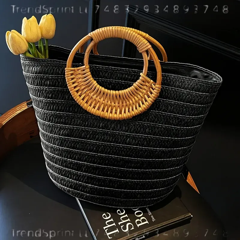 여성 여름 짠 종이 토트 백 대용량 솔리드 컬러 라운드 - Women'S Bags Handbags 리뷰 및 가격